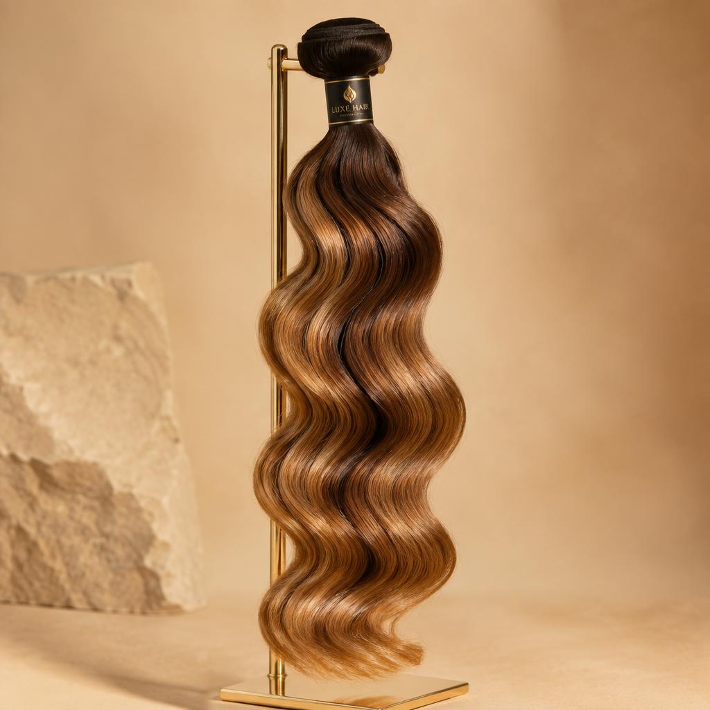 Body wave natural brown hair bundles on a stand