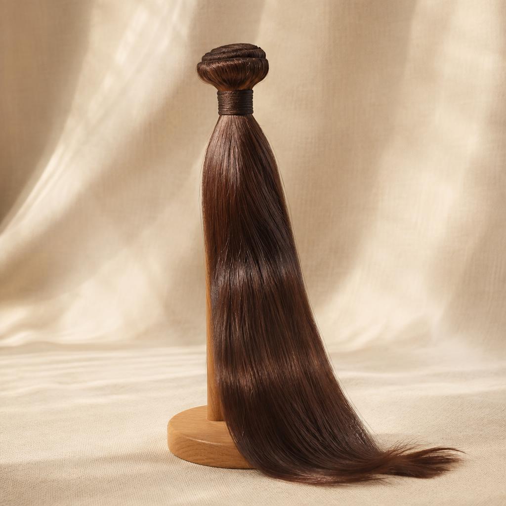 Straight natural brown hair bundles on a stand